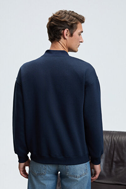 JETHRO Men's Bomber Collar Plaid Buttoned Chest Embroidered Relaxed Fit Navy Blue Sweatshirt