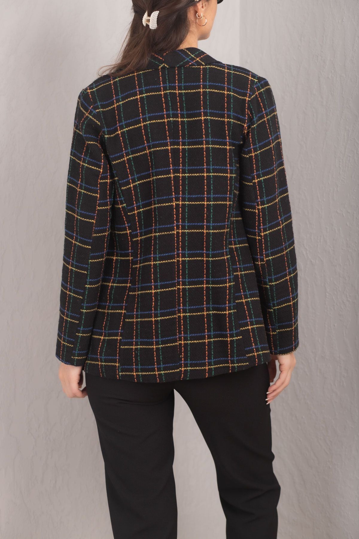 Women's Yellow Shawl Collar Plaid Pattern Tweed Jacket ARM-24K001048