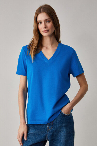 ALINE Women's 100% Organic Cotton Deep V-Neck Comfort Fit Parliament Blue T-Shirt