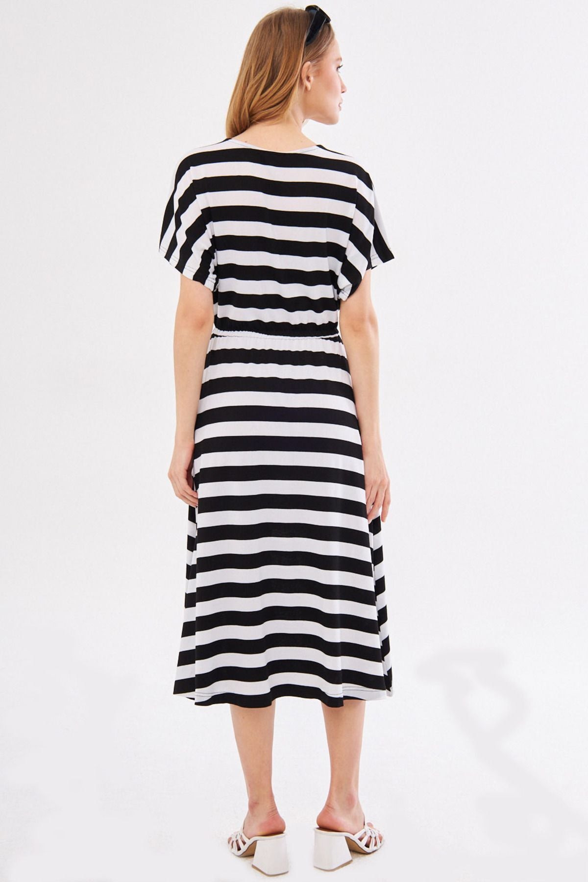 Women's White Dekatessera Dress Bat Sleeve Waist Elastic Skirt Lined Striped Midi Size ARM-24Y001036