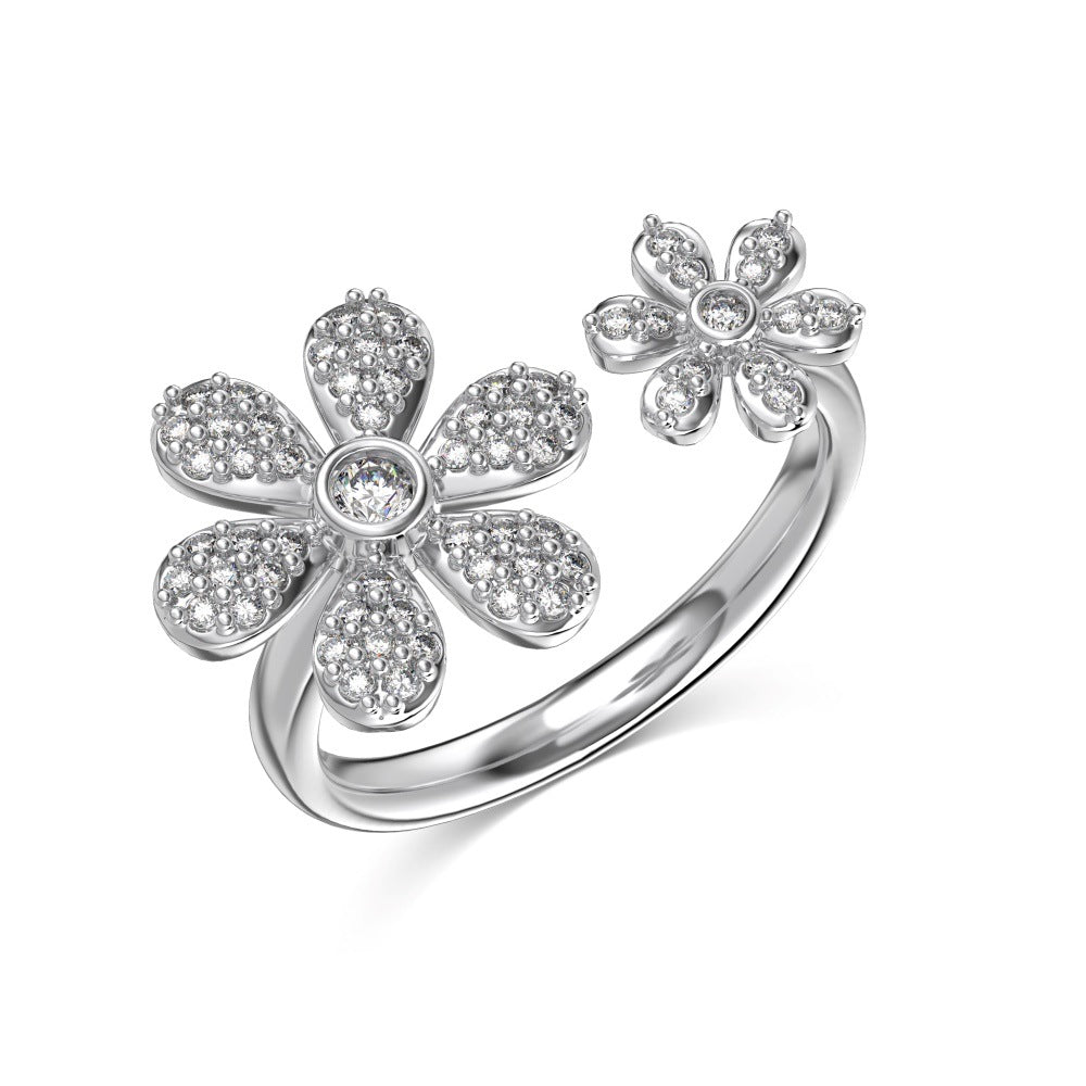 Silver S925 White Round Zirconium Micro-inlaid Flower Size Design Open Exquisite Ring