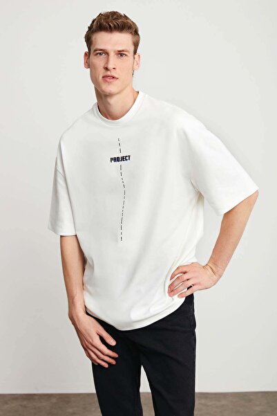 Project Men's Print Detailed Oversize Fit 100% Organic Cotton Knitted Crew Neck Knitted White T-shirt