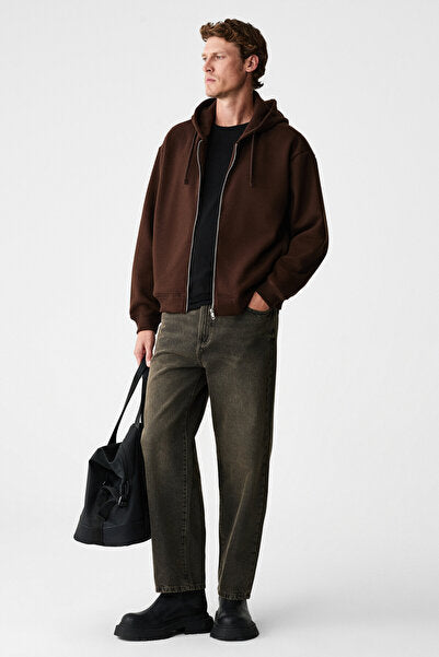 ASHBY Men's Hooded Zipper Pocket Cord Boxy Mold Bitter Brown Sweatshirt