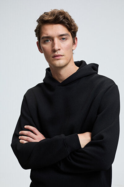 AMOS Men's Soft Fabric 3 Thread Oversize Hooded Kangaroo Pocket Black Sweatshirt