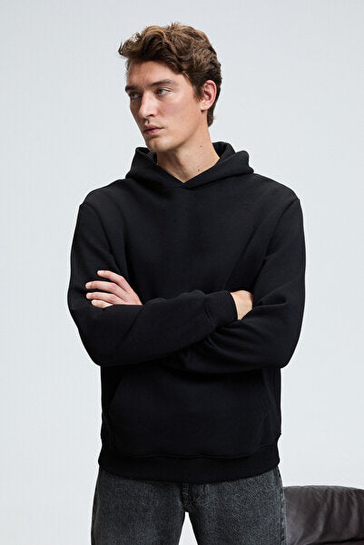 AMOS Men's Soft Fabric 3 Thread Oversize Hooded Kangaroo Pocket Black Sweatshirt