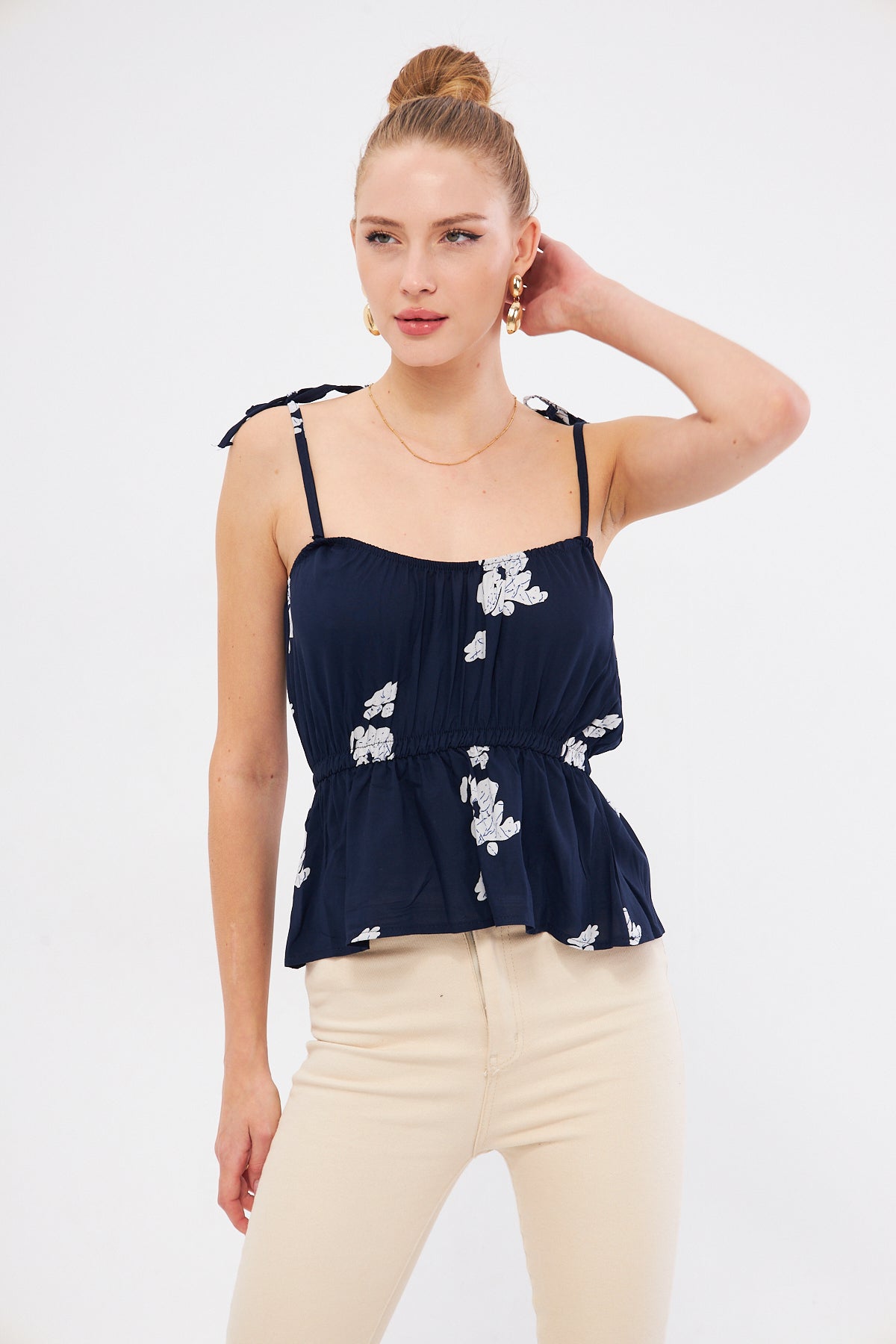 Women's Navy Blue Patterned Strapless Crop Blouse with Elastic Waist Straps and Tie Detail ARM-24Y001116
