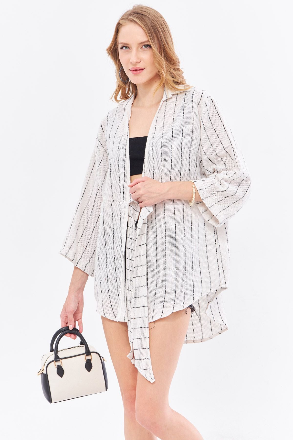 Women's White Striped Front Tie Kimono Shirt ARM-24Y001091
