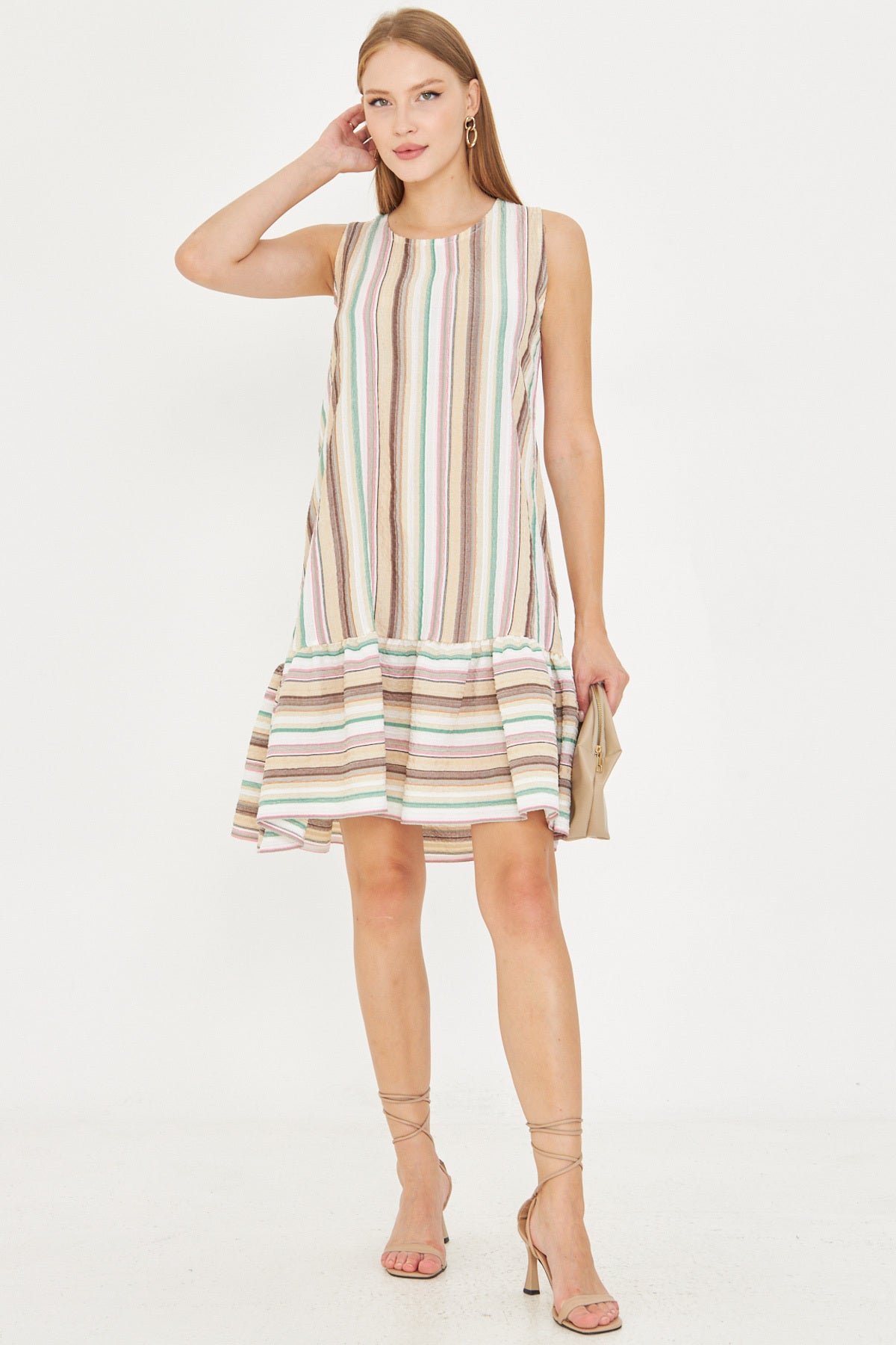 Women's Cream Patterned Sleeveless Skirt Frilly Dress ARM-22K001142