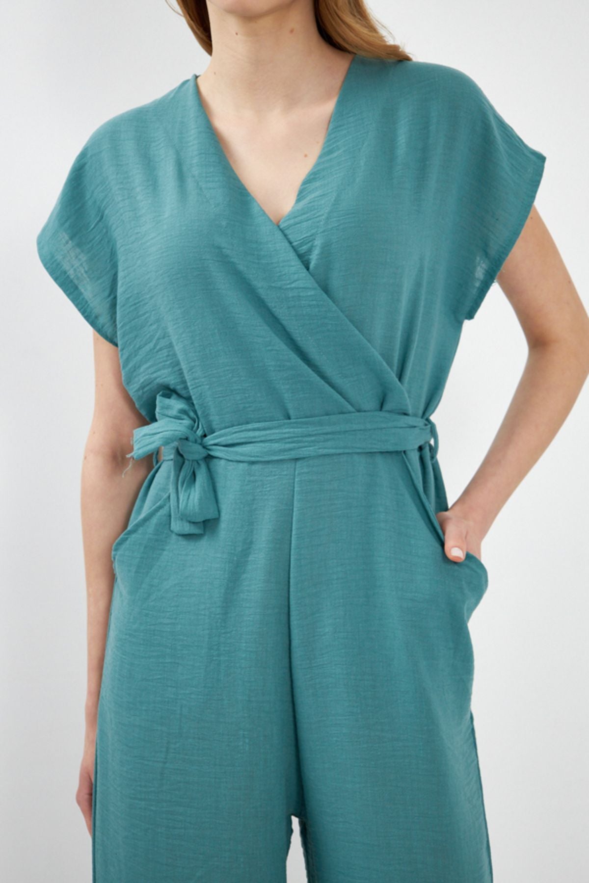 Women's Turquoise Deka Jumpsuit Double Breasted Collar Belted Pocket Sleeveless ARM-24Y001031