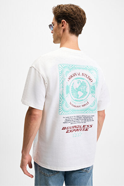 ANGOLO Men's Front Print and Embroidery Detailed Crew Neck Oversize Short Sleeve White T-Shirt