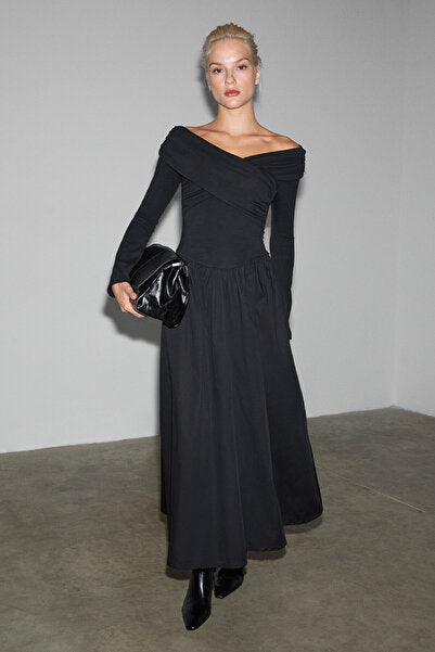 FRUENDO Women's Asymmetrical Collared Top with Stretchy Fabric Skirt Poplin Long Black Dress