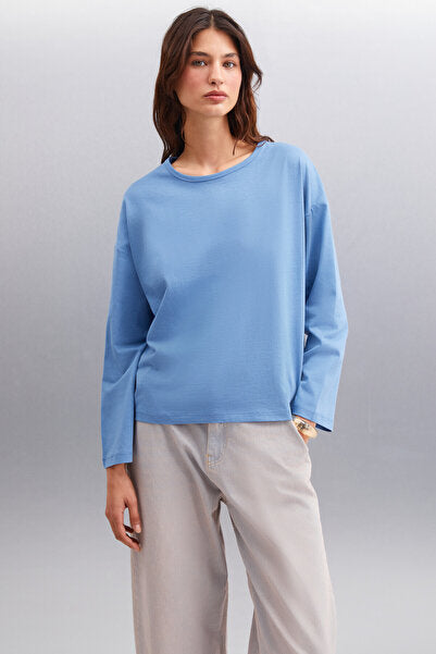 Basil Women's Back Print Detailed Oversize 100% Organic Cotton Knitted Long Sleeve Indigo T-shirt