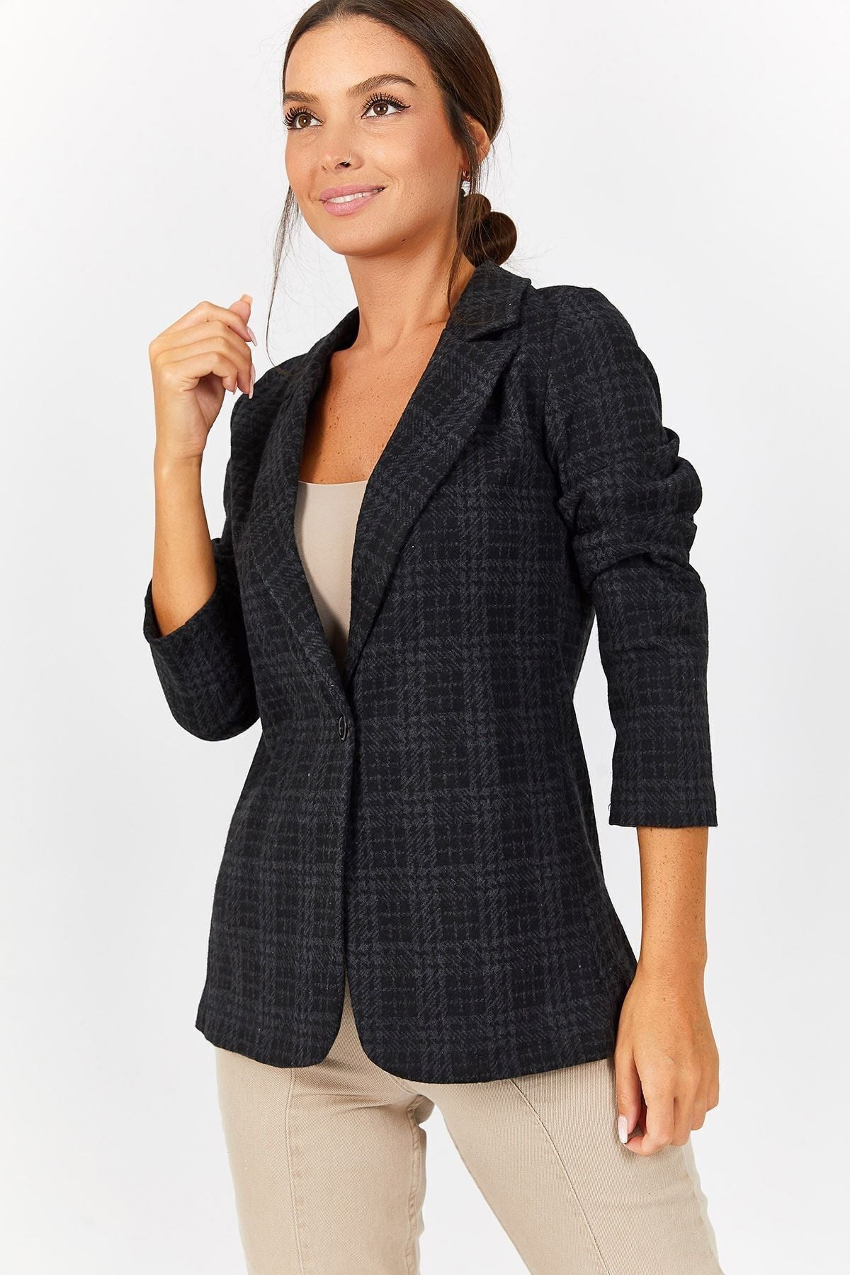 Women's Anthracite Single Button Plaid Jacket Arm-19K001131