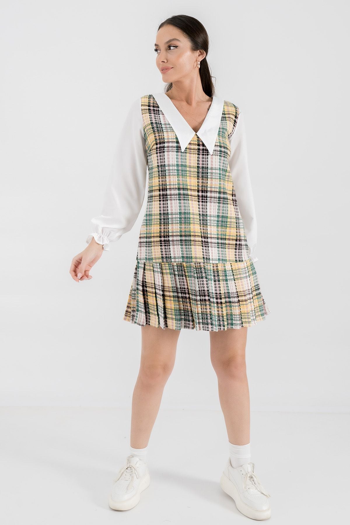 Women's Yellow Tweed Skirt Pleat Detailed Shirt Collar Mini Dress ARM-24K001072