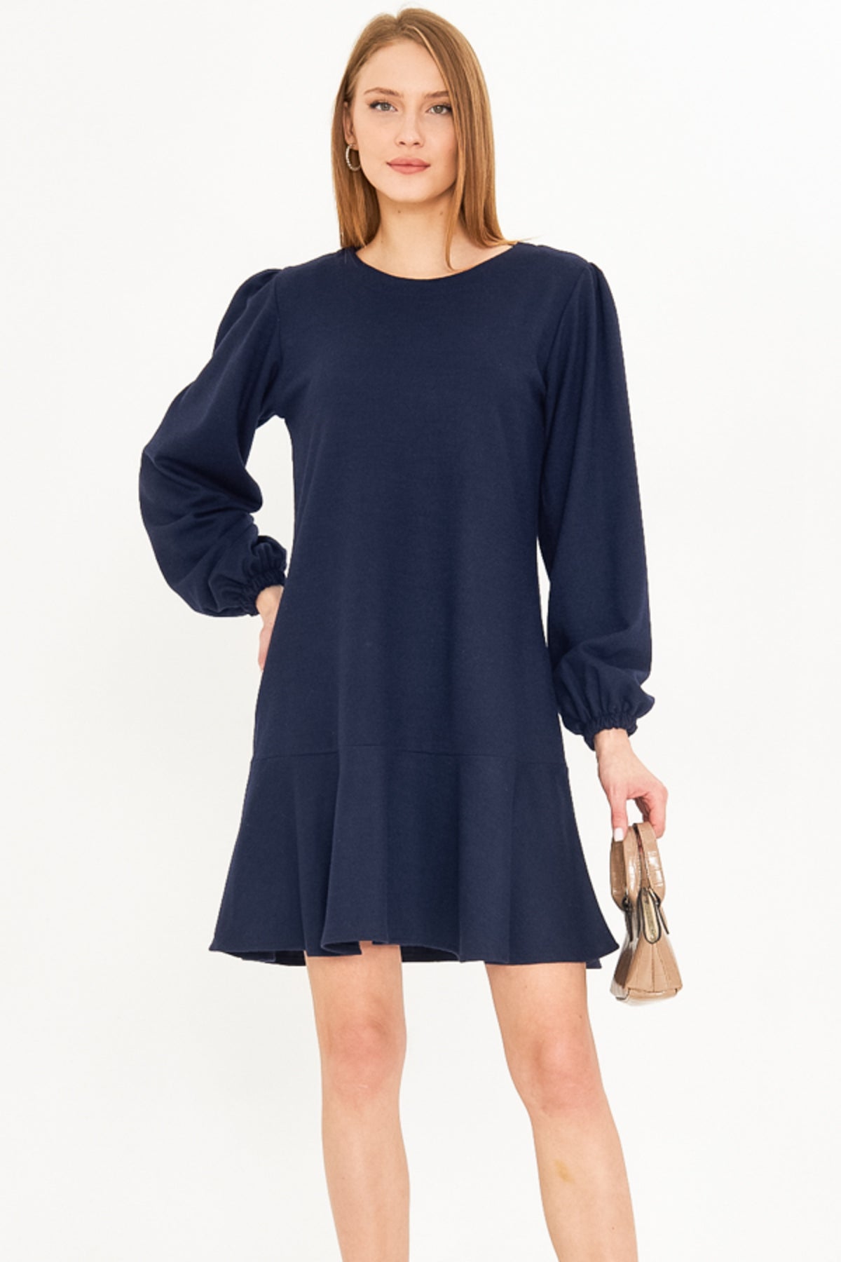 Women's Navy Blue Round Neck Skirt Flounced Sleeves Gathered Lined Stash Dress ARM-25K001094