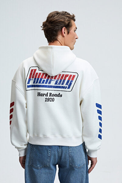 ABISMO Men's Hooded Kangaroo Pocket Sleeves and Back Printed Relaxed Fit White Sweatshirt