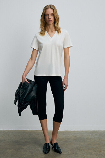 ALINE Women's 100% organic Cotton Deep V-Neck Comfort Fit Ecru T-Shirt