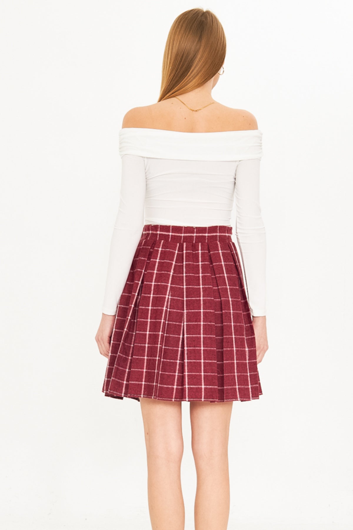 Women's Dark Claret Red Plaid Short Flared Skirt ARM-22K001014