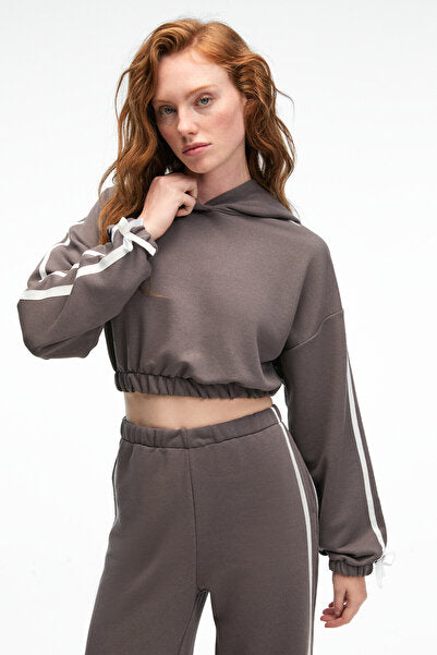 ROSELLE Women's Hooded Side Stripe Ribbon Detail Crop Anthracite Sweatshirt