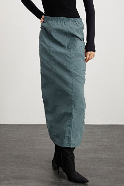 Cherı Women's Elastic Waist Waterproof Parachute Fabric Long Green Skirt