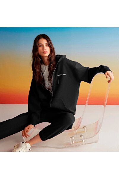 Ametis Women's Embroidery Text Detailed Organic Cotton Oversize Hooded Black Sweatshirt