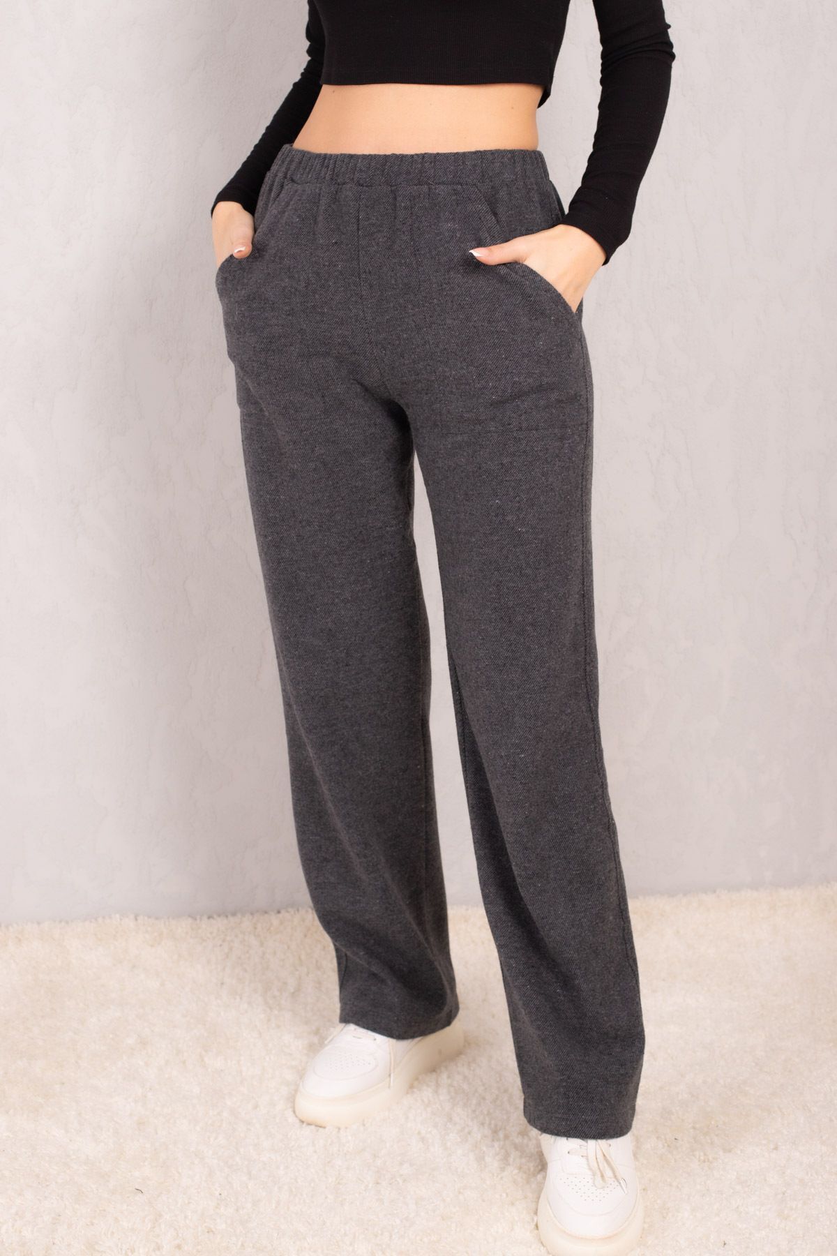 Women's Anthracite Elastic Waist Pocket Wide Leg Trousers ARM-24K001047