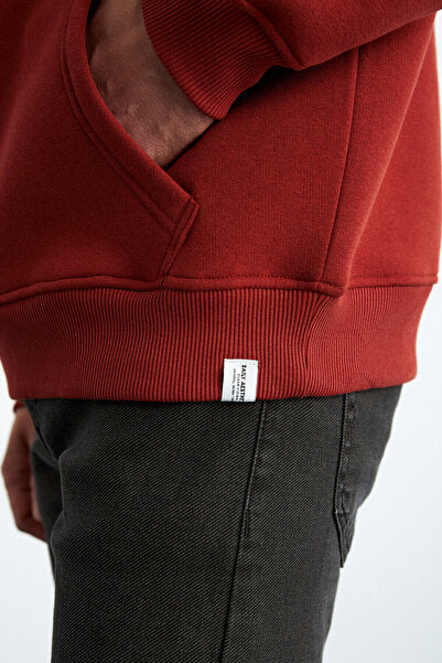 Yokohama Men's Soft Regular Kangaroo Pocket Hooded Brick Color Sweatshirt with Fleece Inside