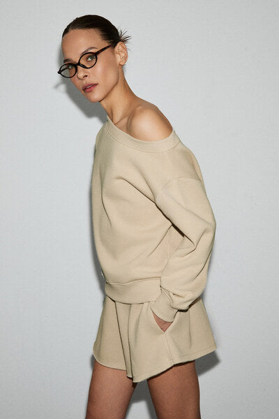 PUNNUET Women's Organic Cotton Boat Neck Elastic Waist Double Pocket Relaxed Beige Bottom-Top Set