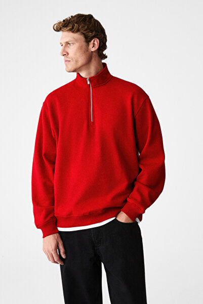 VELVETY Men's Cotton Fleece Inside Stand-up Collar Zippered Long Sleeve Regular Fit Red Sweatshirt