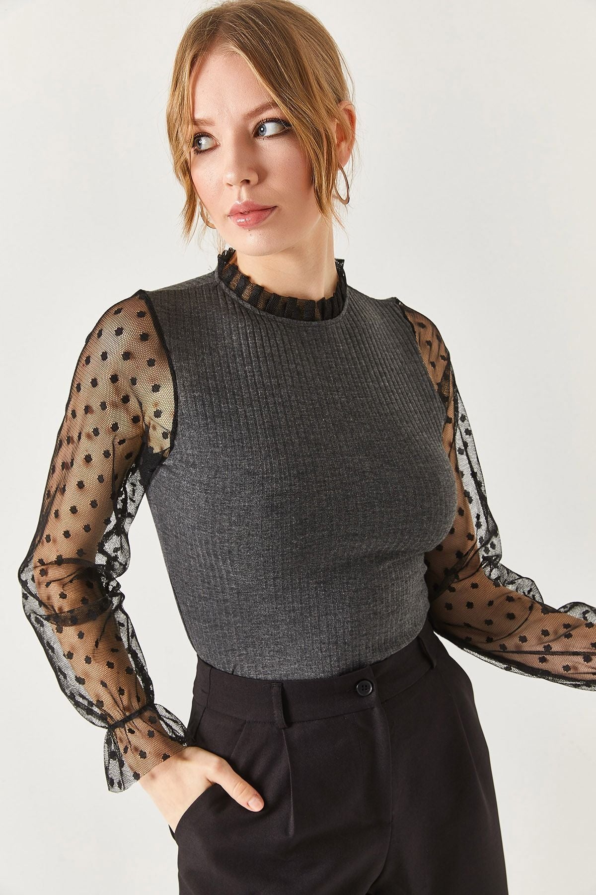 Women's Anthracite Corded Knitwear Sweater with Tulle on Sleeves and Collar ARM-22K001043
