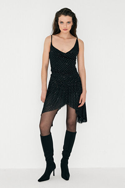 MIENTO Women's Asymmetrical Cut Tulle with Stone Detail and Lined Stylish Mini Black Skirt