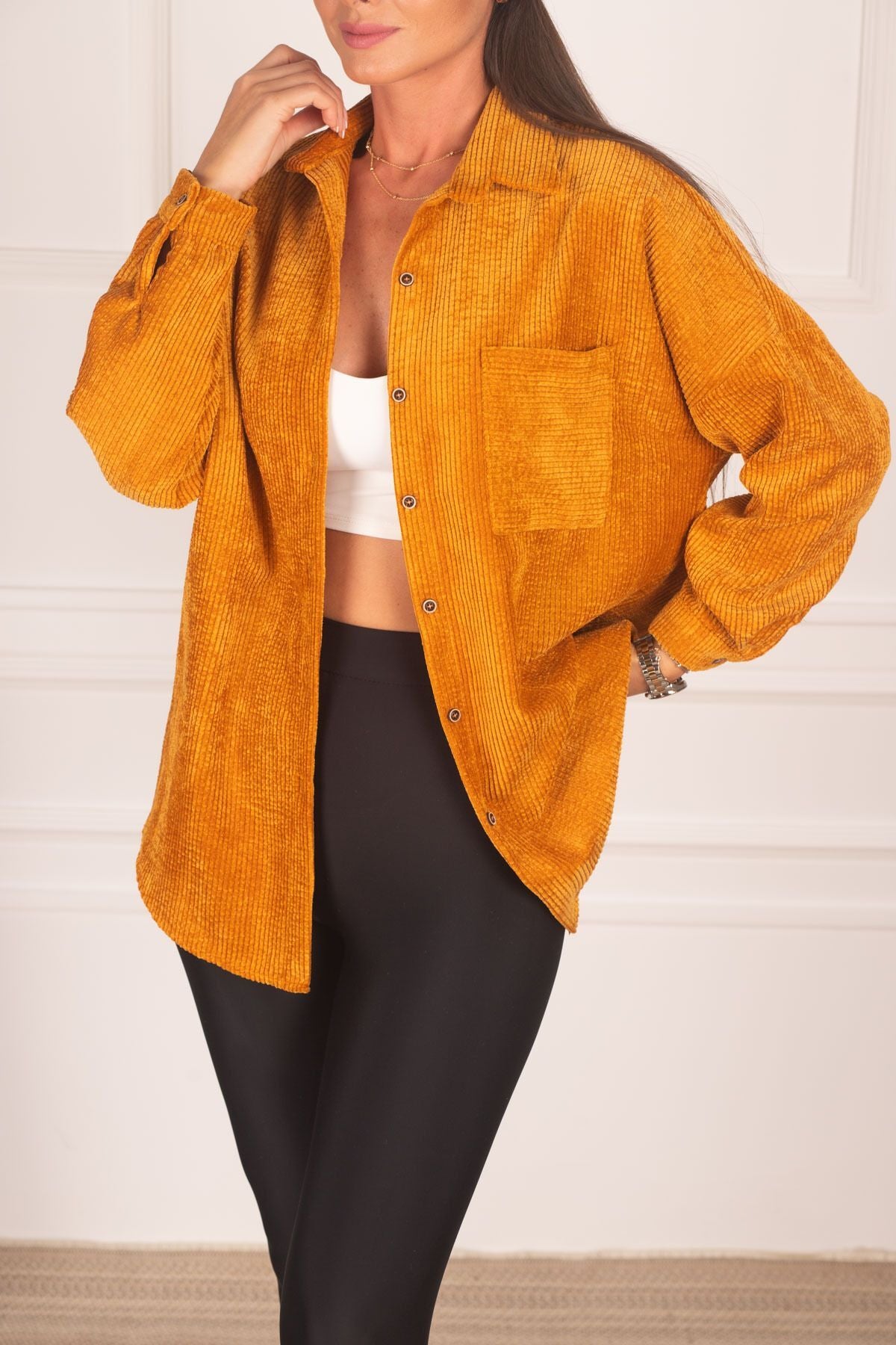 Women's Yellow Pocket Oversize Velvet Long Basic Shirt ARM-22Y001193