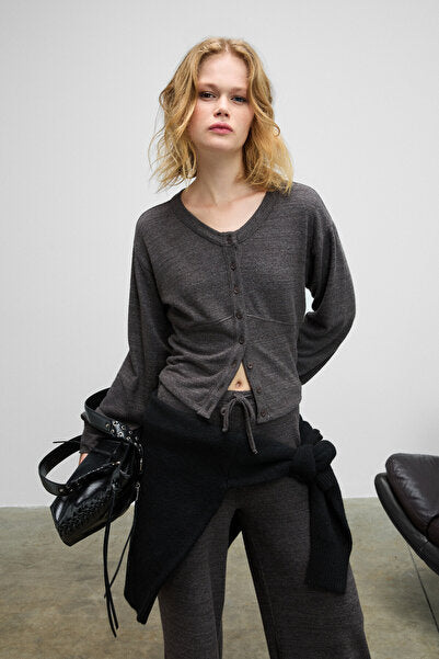 CLARITA Women's Soft and Flexible Fabric Buttoned Crop Dark Gray Cardigan