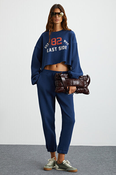 Gloryy Women's Comfort Fit Print Detailed Elastic Leg Organic Cotton Navy Blue Tracksuit Set