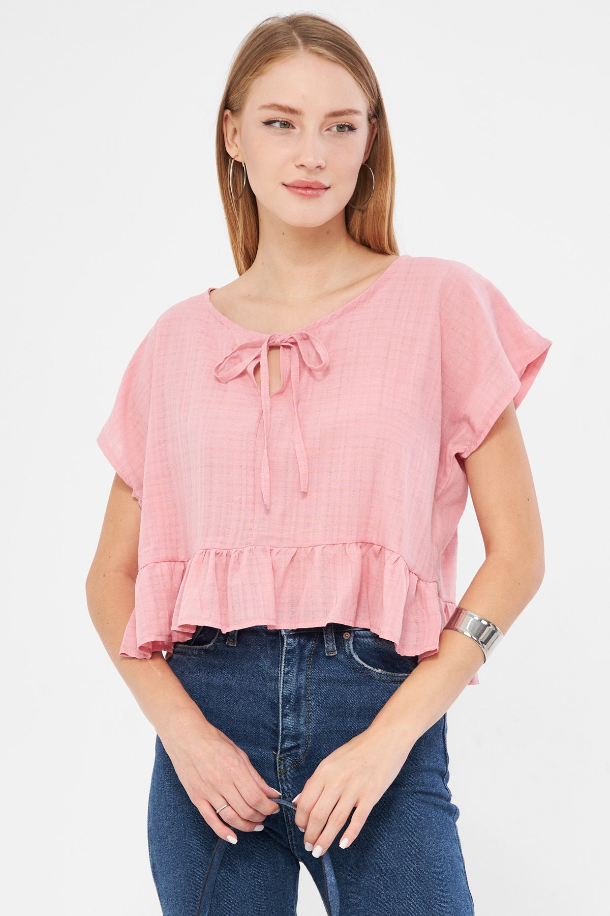 Women's Powder Bat Sleeve Collar Tie-Up Skirt Ruffled Oversize Crop Blouse ARM-24Y001088
