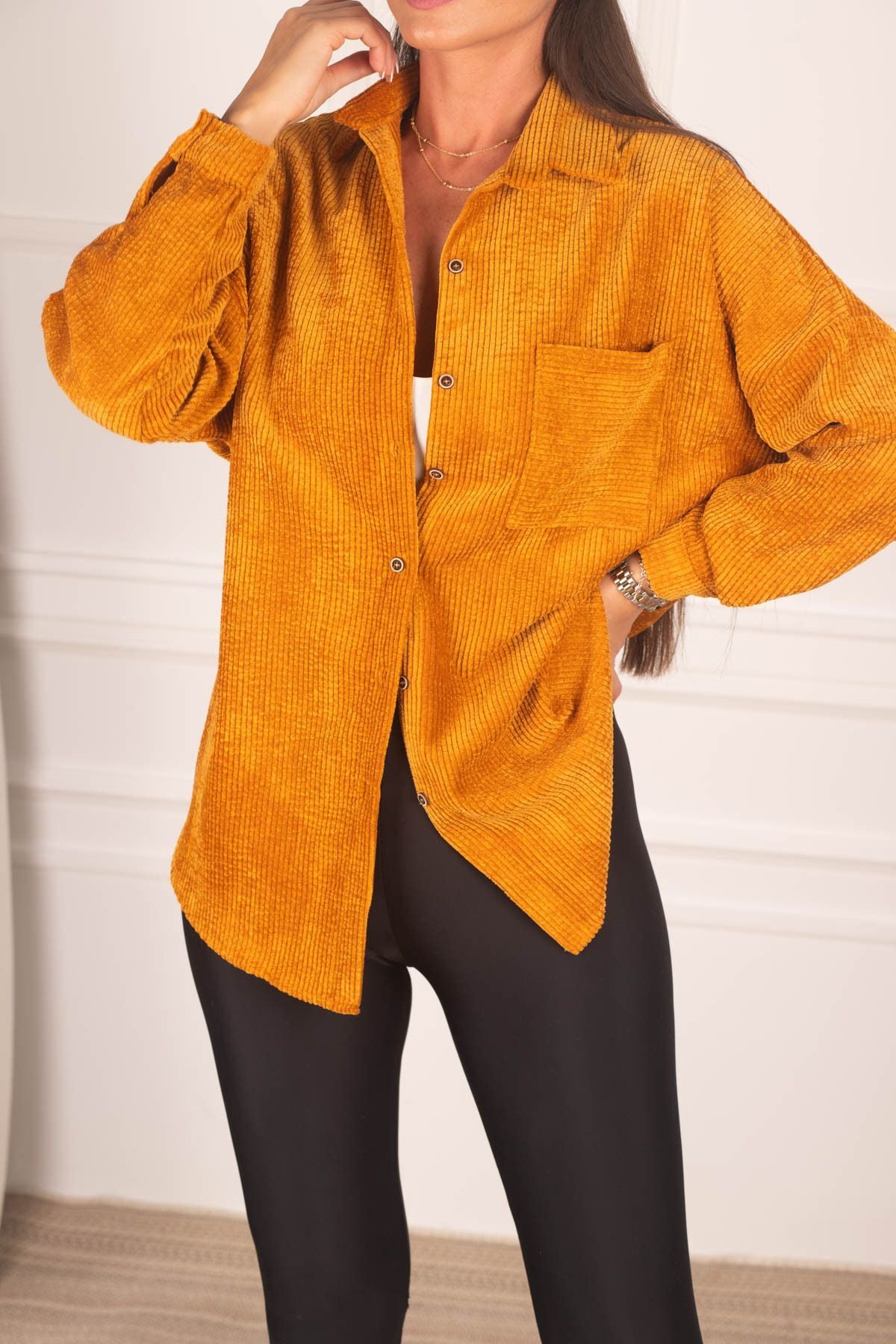 Women's Yellow Pocket Oversize Velvet Long Basic Shirt ARM-22Y001193