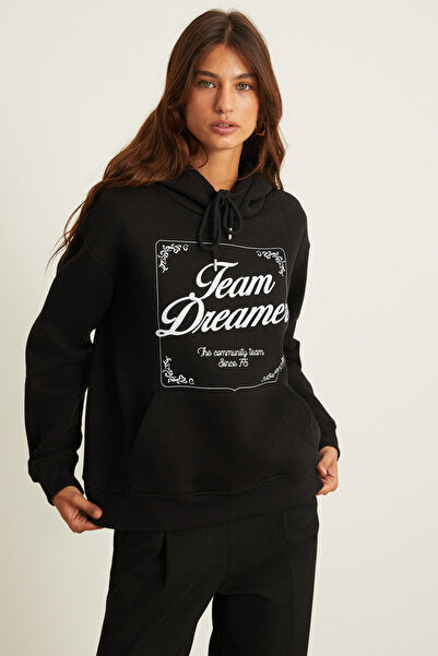 Sabine Women's Print Detailed Fleece Hooded Kangaroo Pocket Relaxed Fit Black Sweatshirt