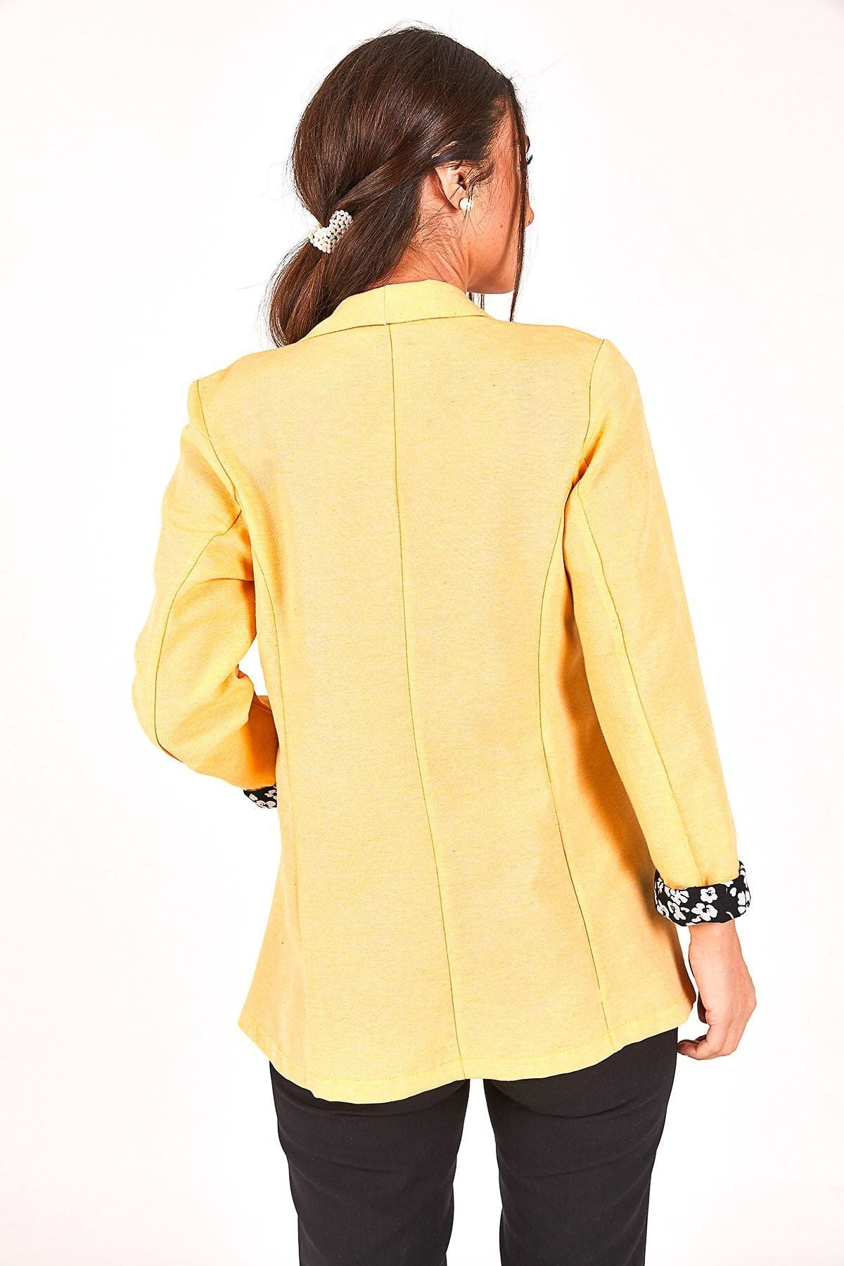 Women's Yellow Sleeve Flowered Single Button Jacket ARM-22Y001075