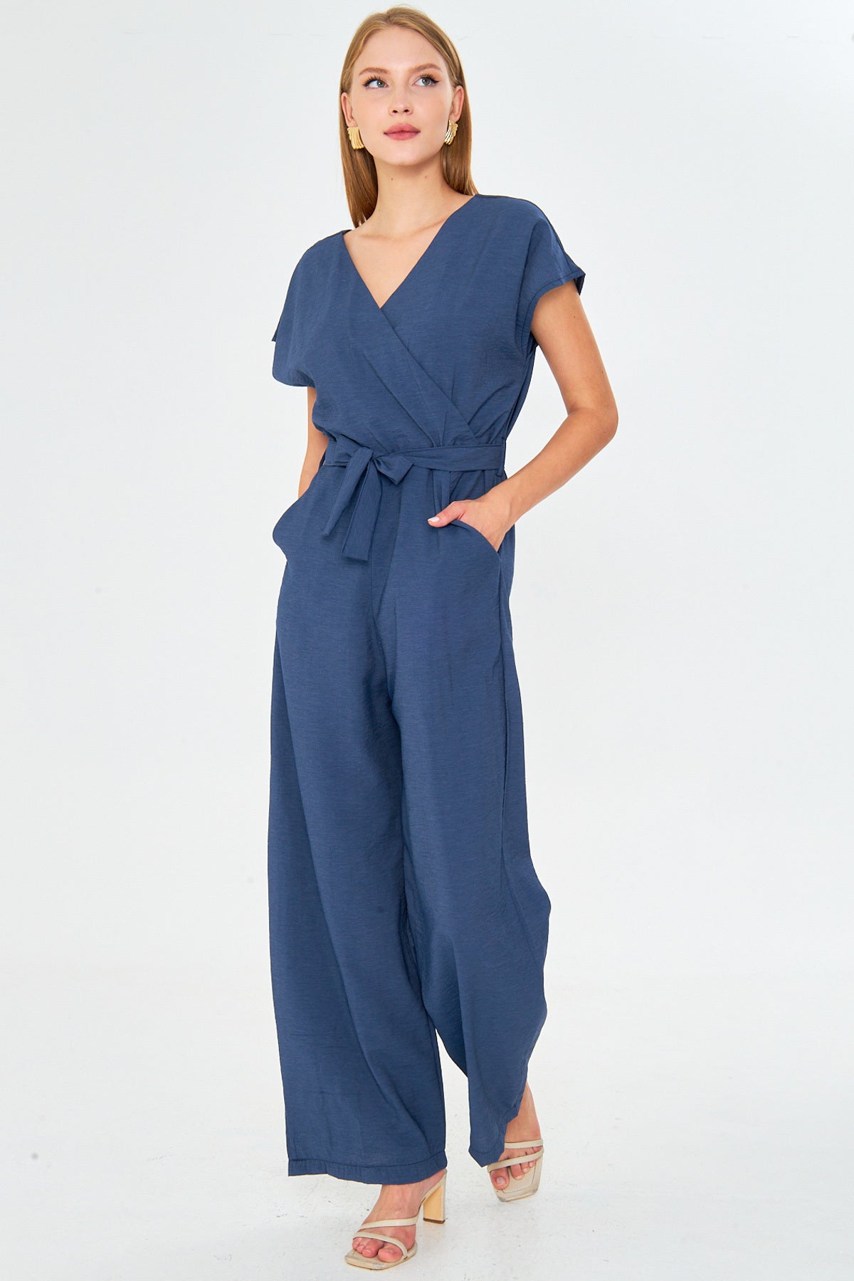 Women's Dark Blue Double Breasted Collar Back V Detailed Pocket Belted Wide Leg Jumpsuit ARM-24Y001073