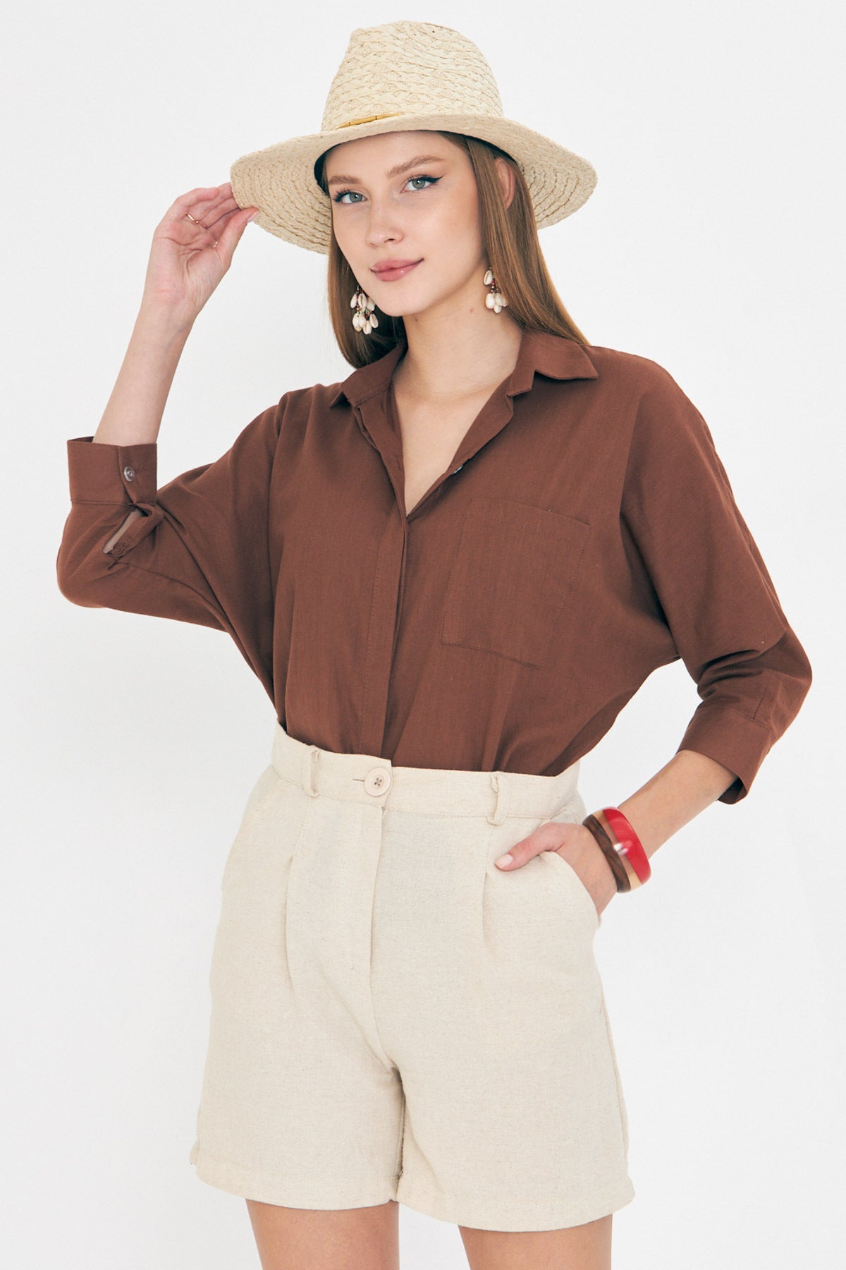 Women's Dark Brown Loose Linen Shirt with Pockets ARM-21Y001035