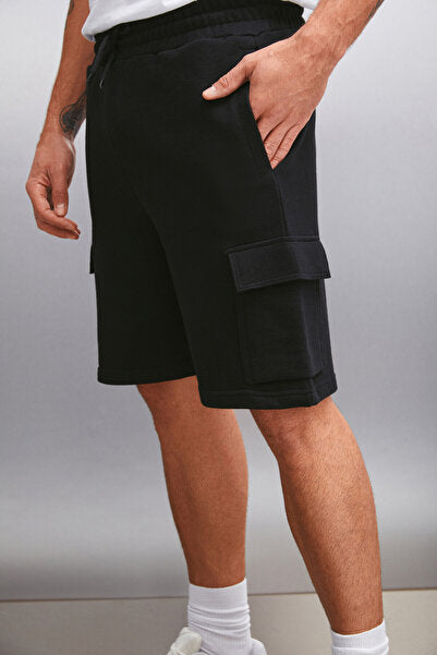 Lionel Men's Comfort Fit Black Shorts with Cargo Pocket and Elastic Waist