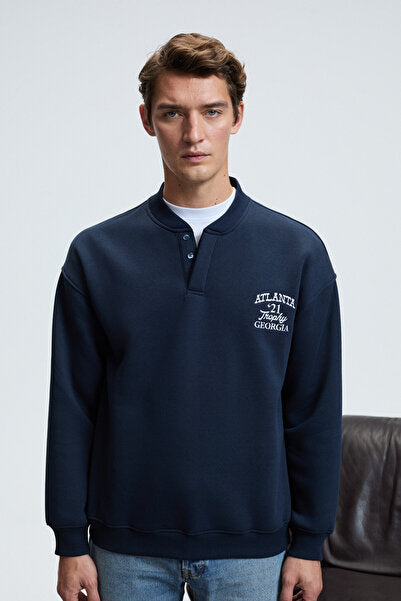 JETHRO Men's Bomber Collar Plaid Buttoned Chest Embroidered Relaxed Fit Navy Blue Sweatshirt