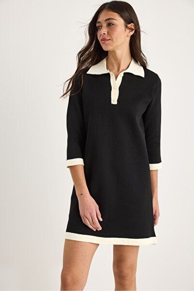 Women's Polo Collar Buttoned Ribbon Detailed Short Comfortable Knitwear Dress 20251042
