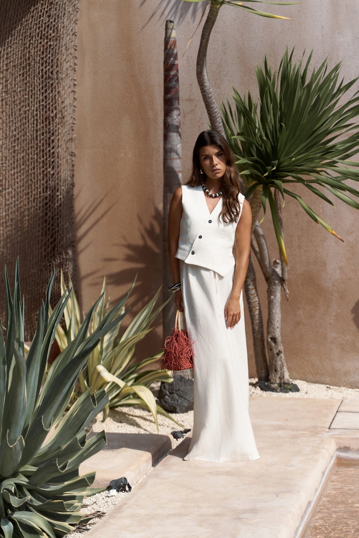 Elod Button Detail White Linen Vest