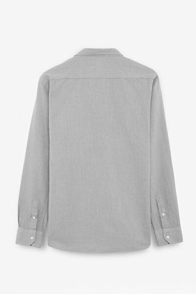 Perttu Men's 100% Cotton Slim Fit Narrow Cut Button Collar Linen Look Flared Gray Shirt