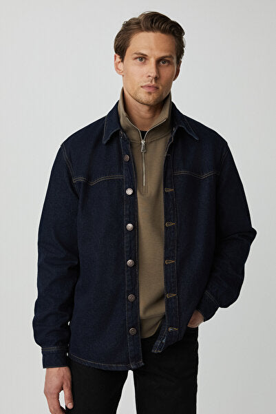 Borna Men's Rinse Denim Comfortable Wide Cut Jacket Look Navy Blue Jacket