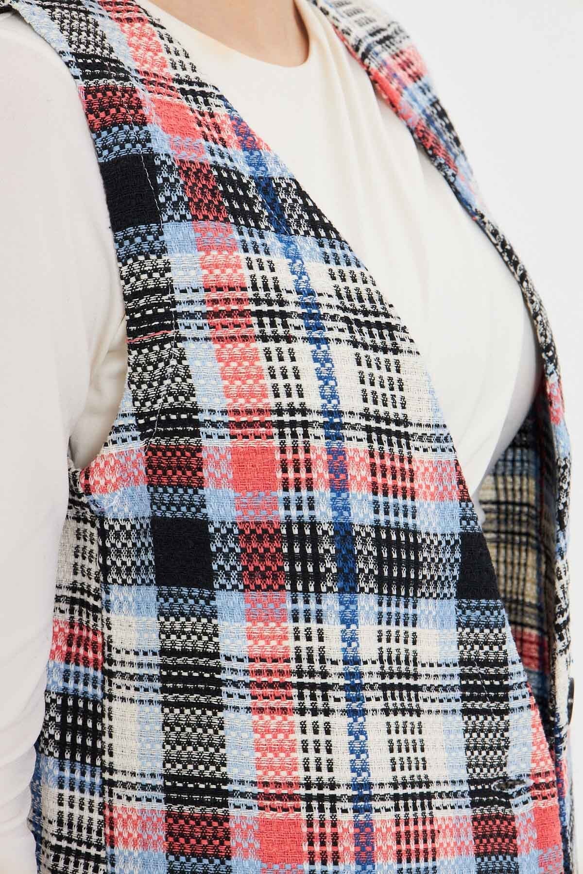 Women's Baby Blue V-Neck Single Button Oversize Plaid Vest ARM-25K001111