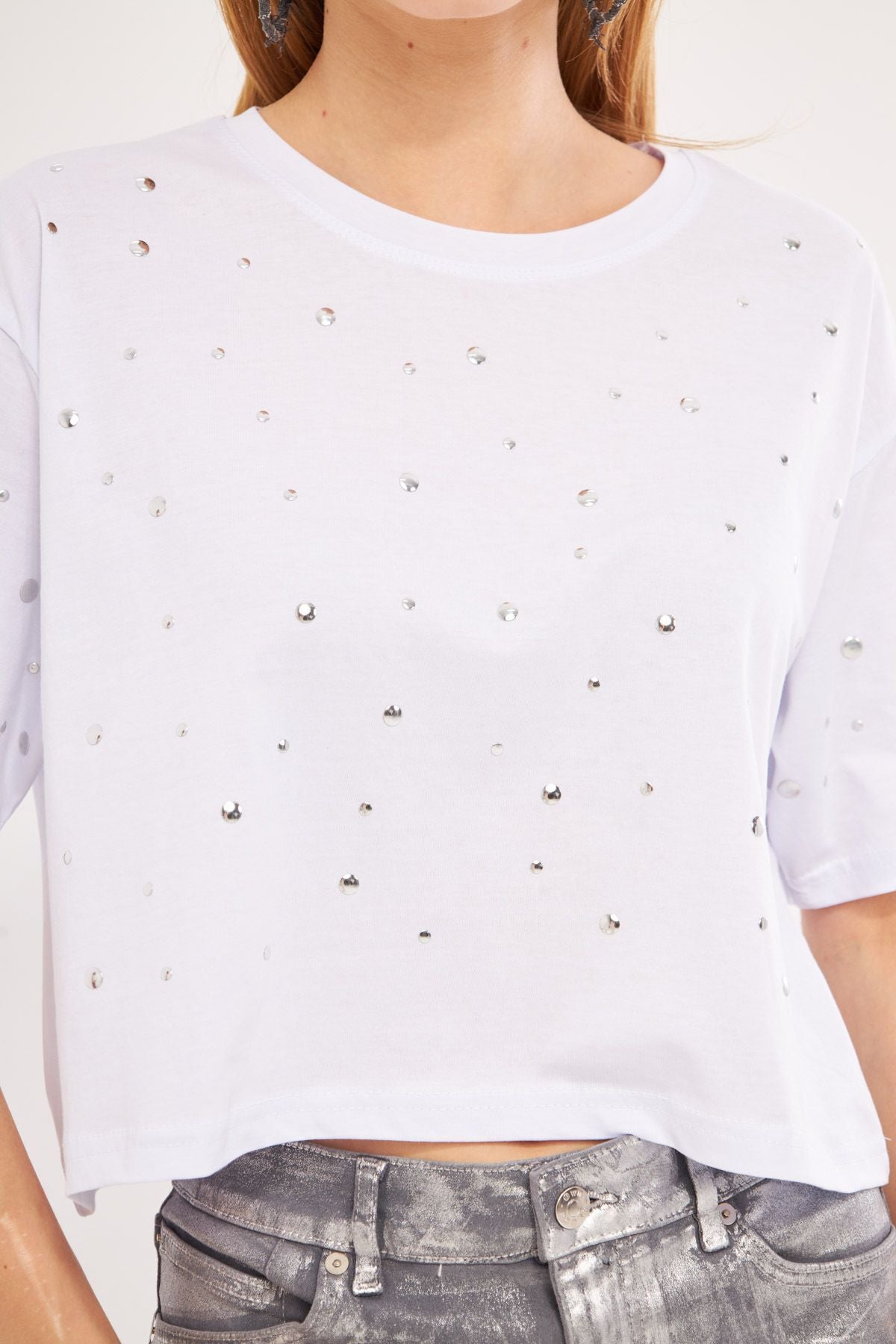 Women's White Ov And Sleeves Studded Oversize Crop T-Shirt ARM-24Y024015