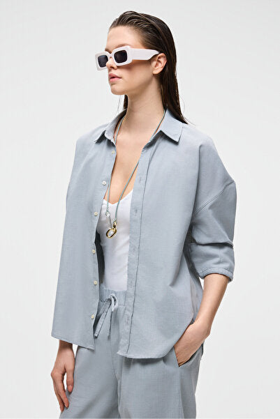 VESTA Women's 100% Cotton Linen Look Flared Oversize Gray Shirt