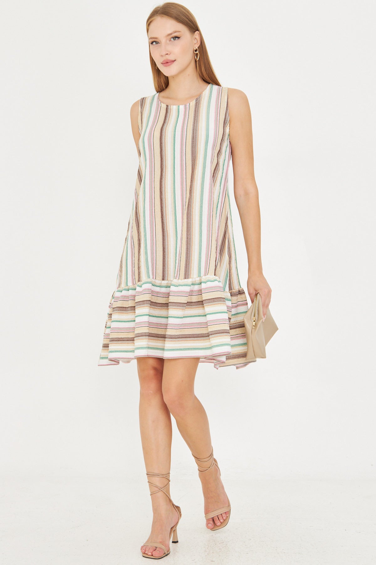 Women's Cream Patterned Sleeveless Skirt Frilly Dress ARM-22K001142